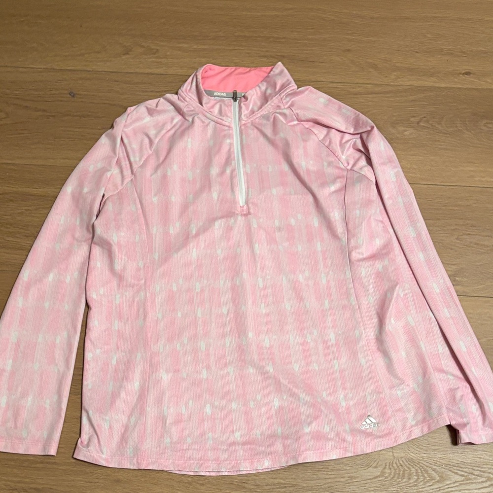 Adidas Women's pink and white quarter-zip pullover top, size XL